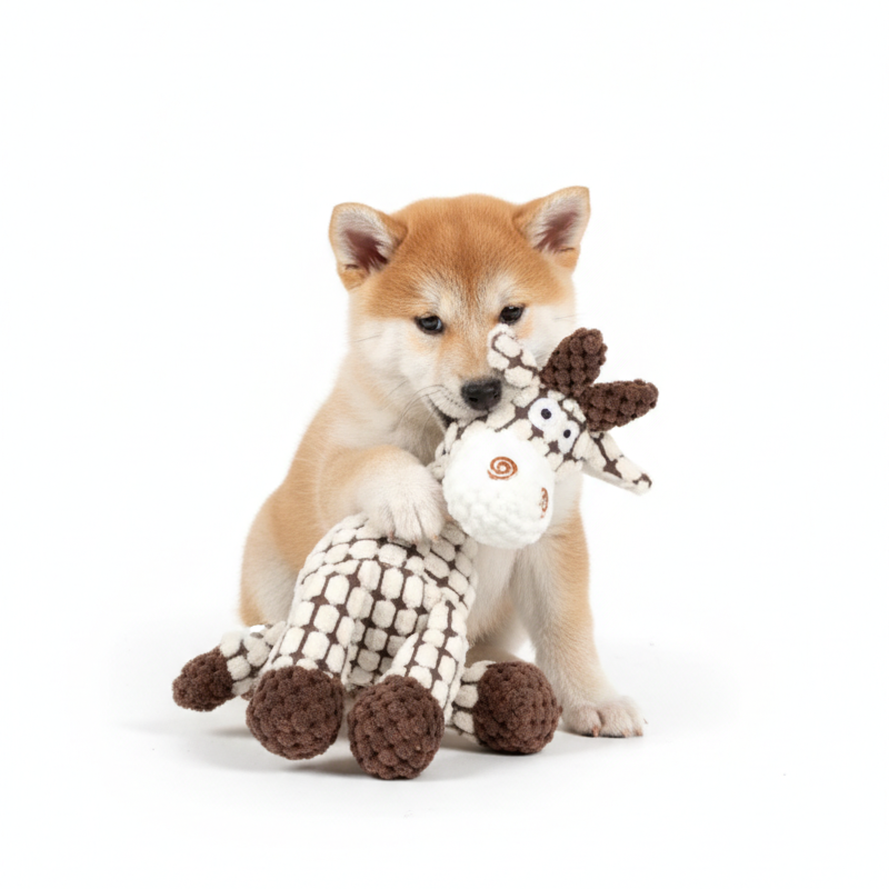 Soft plush cotton-filled calf dog chew toy with squeaker for teething puppies