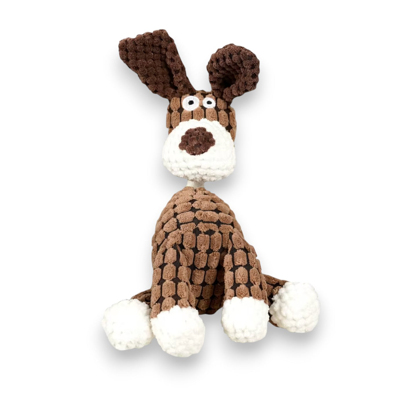 Sitting brown and white plush dog chew toy with textured, bumpy fabric and floppy ears.