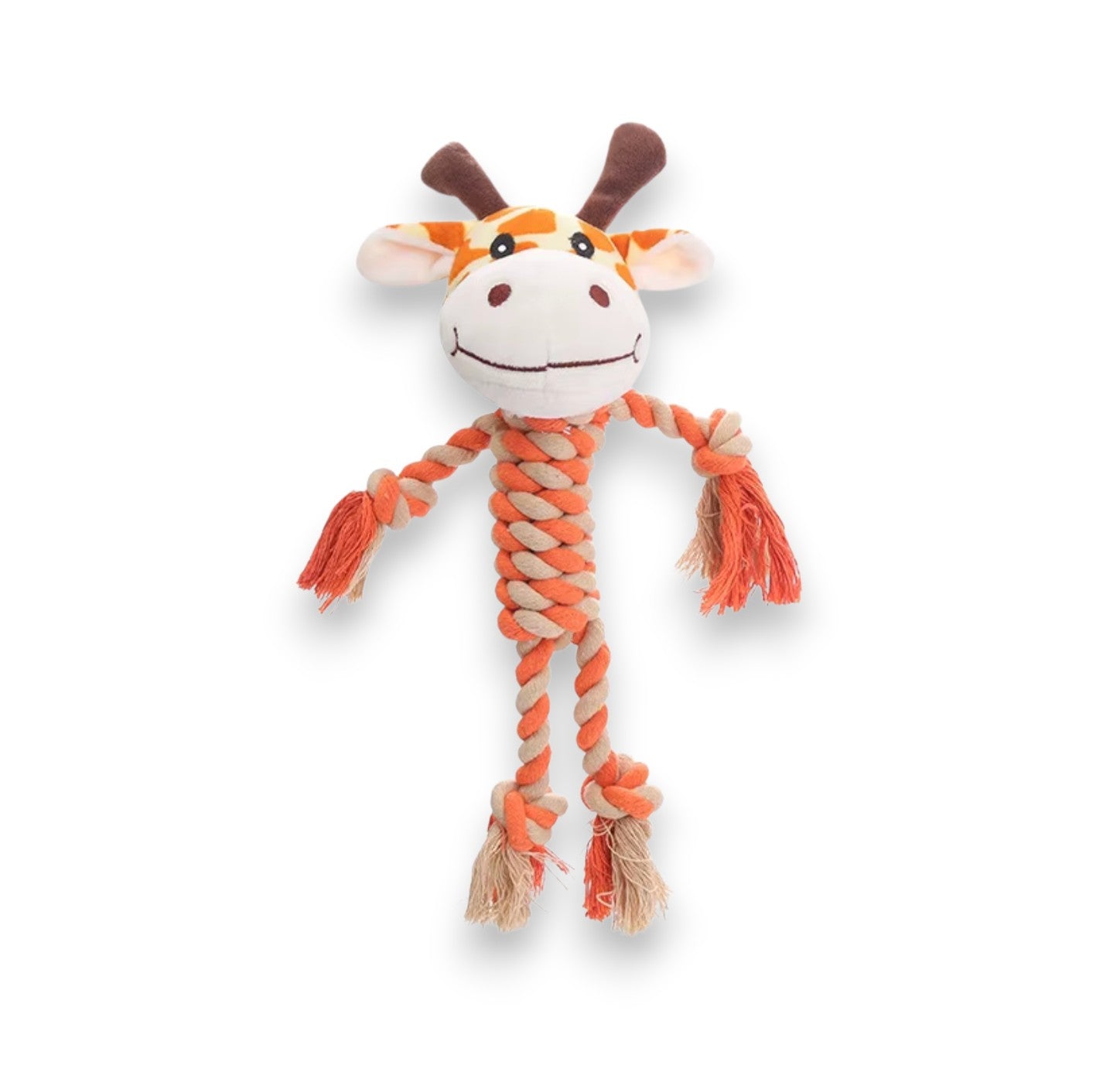 Orange and cream plush giraffe dog toy with braided rope body, arms, and legs.