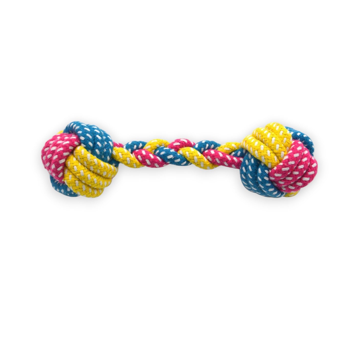 Braided rope pet toy with pink, blue, and yellow strands, knotted at both ends.