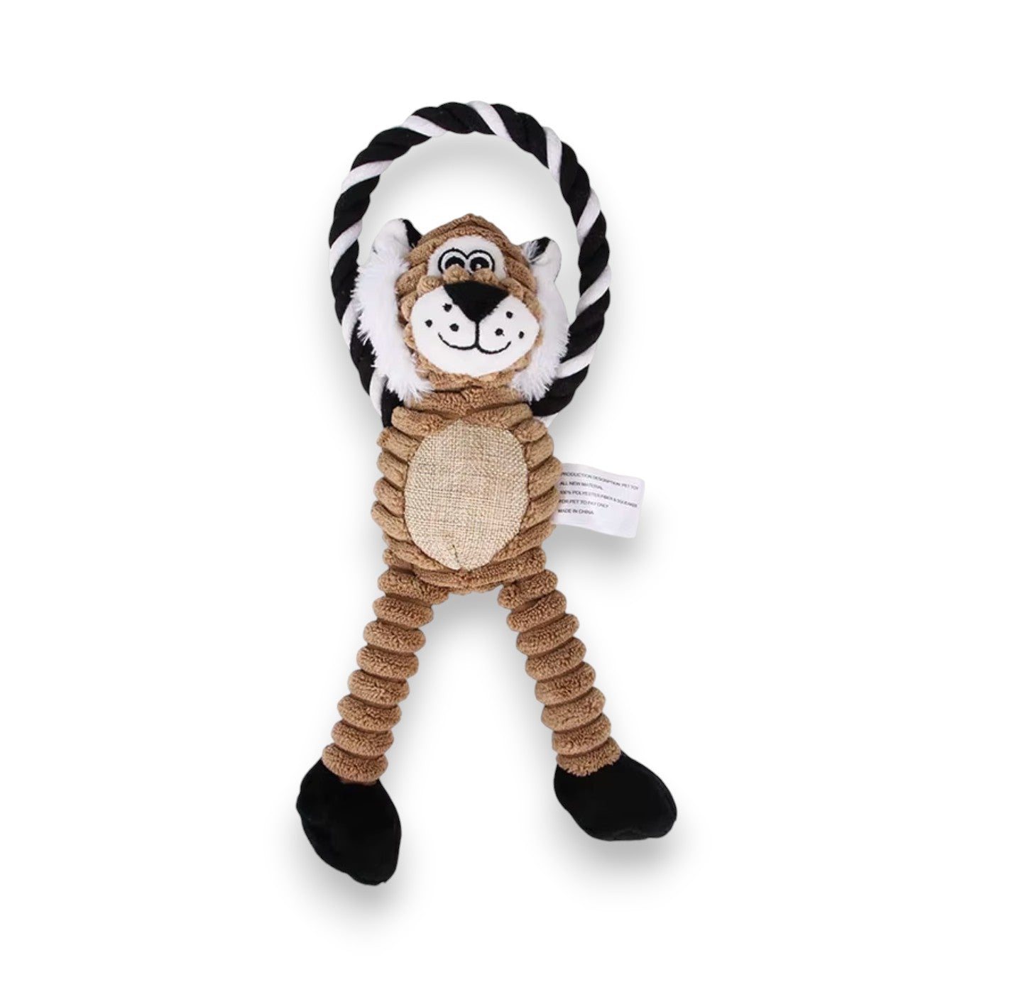 Brown plush lion pet toy with a black and white braided rope ring and corduroy legs.