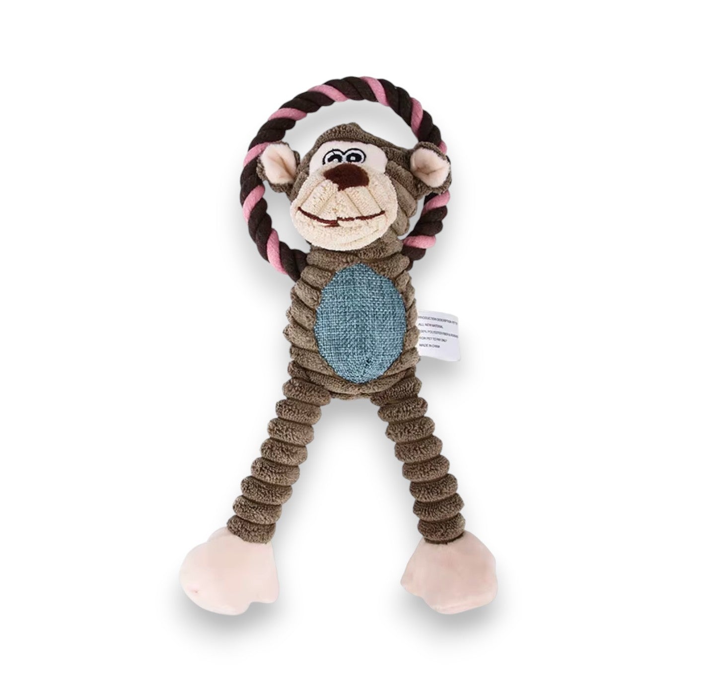 Brown corduroy monkey pet toy with tan face, blue chest, and a pink and brown braided rope loop.