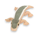 Light brown plush crocodile toy with a textured sage green back and white ridges.