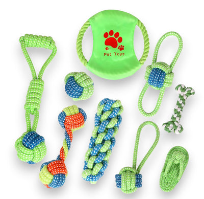 A set of nine colorful dog toys including various knotted rope chews and a green disc.