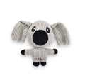 Textured grey and black plush animal toy with floppy ears, large black snout, and wide eyes.