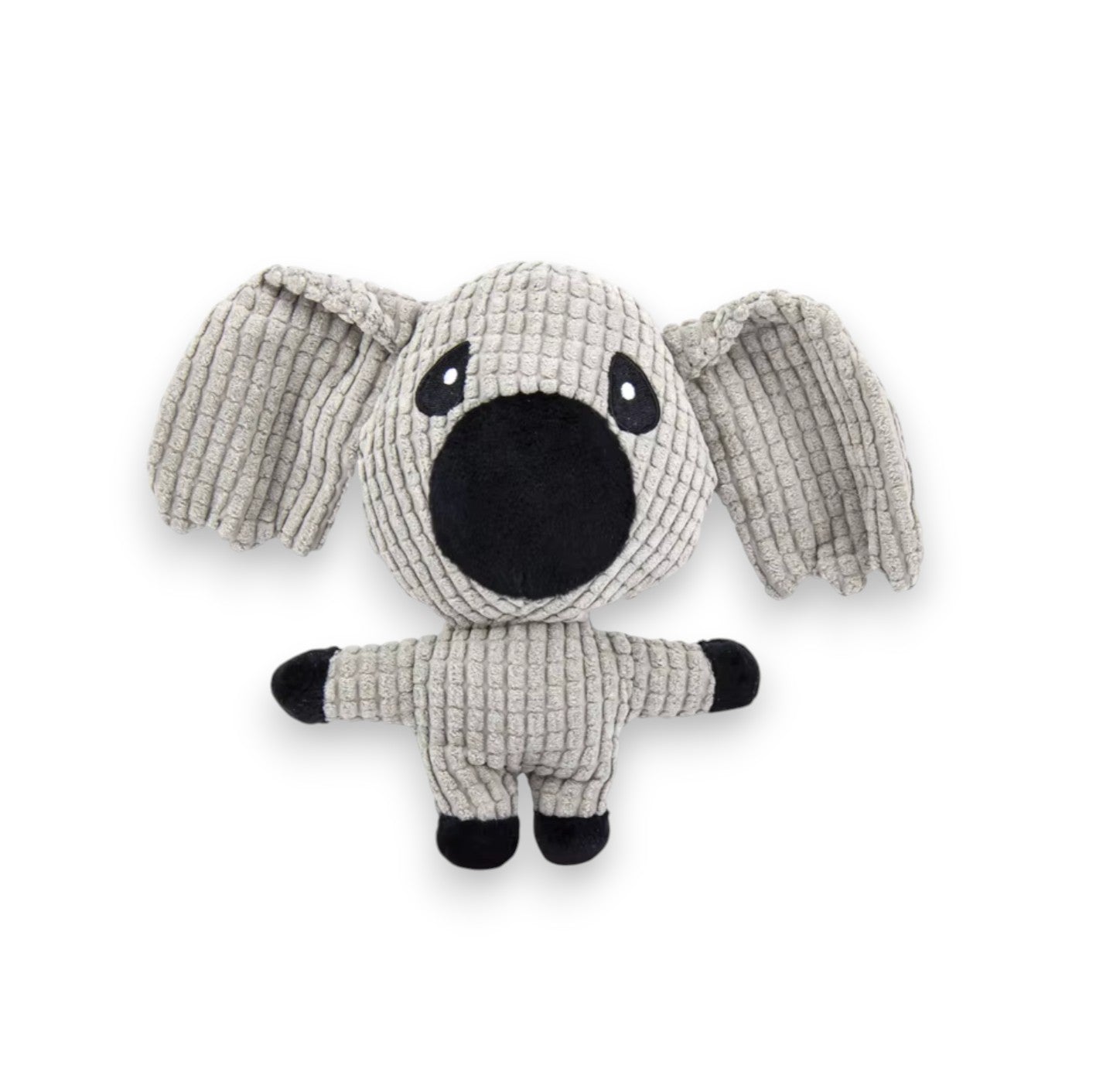 Textured grey and black plush animal toy with floppy ears, large black snout, and wide eyes.