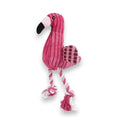 Pink flamingo pet toy with a ribbed plush body, checkered wing, and twisted rope legs.