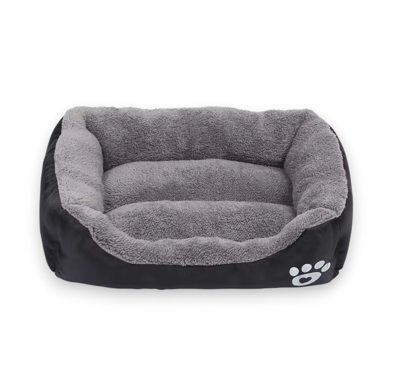 Grey plush dog bed with black exterior and a white paw print