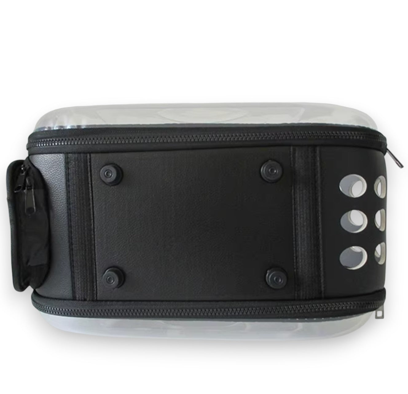 Black and clear portable pet carrier with a textured midsection, clear top and bottom panels, zippers, and side ventilation holes.