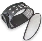 Black portable pet carrier with white circular ventilation holes and a clear zippered side panel.