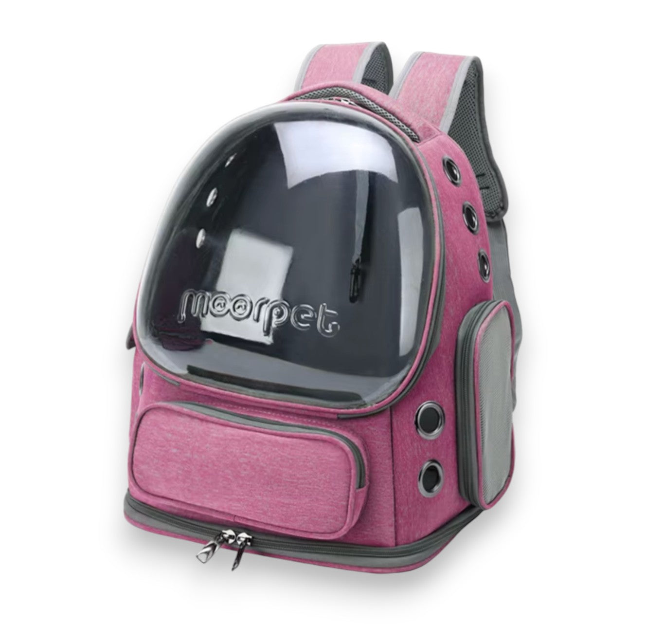 Pink pet carrier backpack featuring a clear bubble window, ventilation holes, and grey accents.