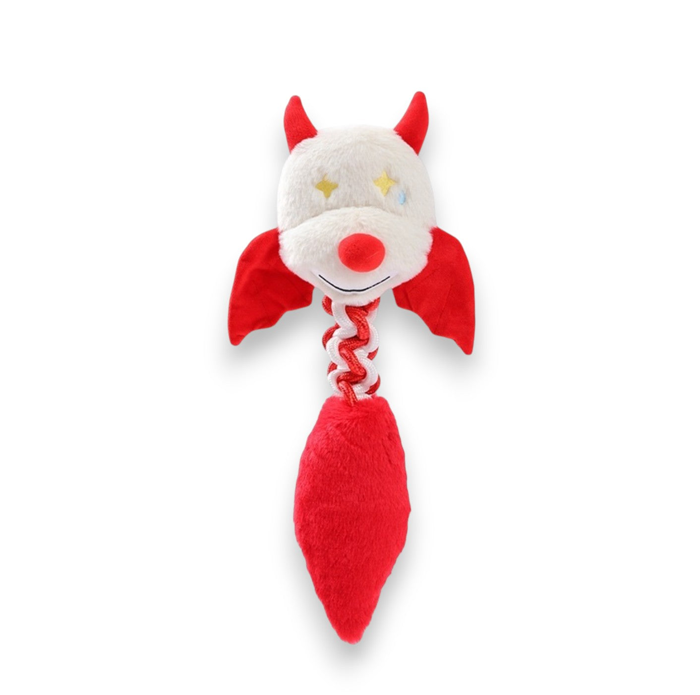 Red plush squeaky dog toy with a durable cotton rope knot for chewing and interactive play