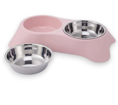 Two silver metal bowls in a black plastic holder, designed for pet feeding.