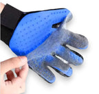 Blue and black pet grooming glove with silicone nubs, shown collecting and removing pet hair.