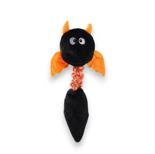 Black dragon plush squeaky dog toy with a cotton rope knot for chewing