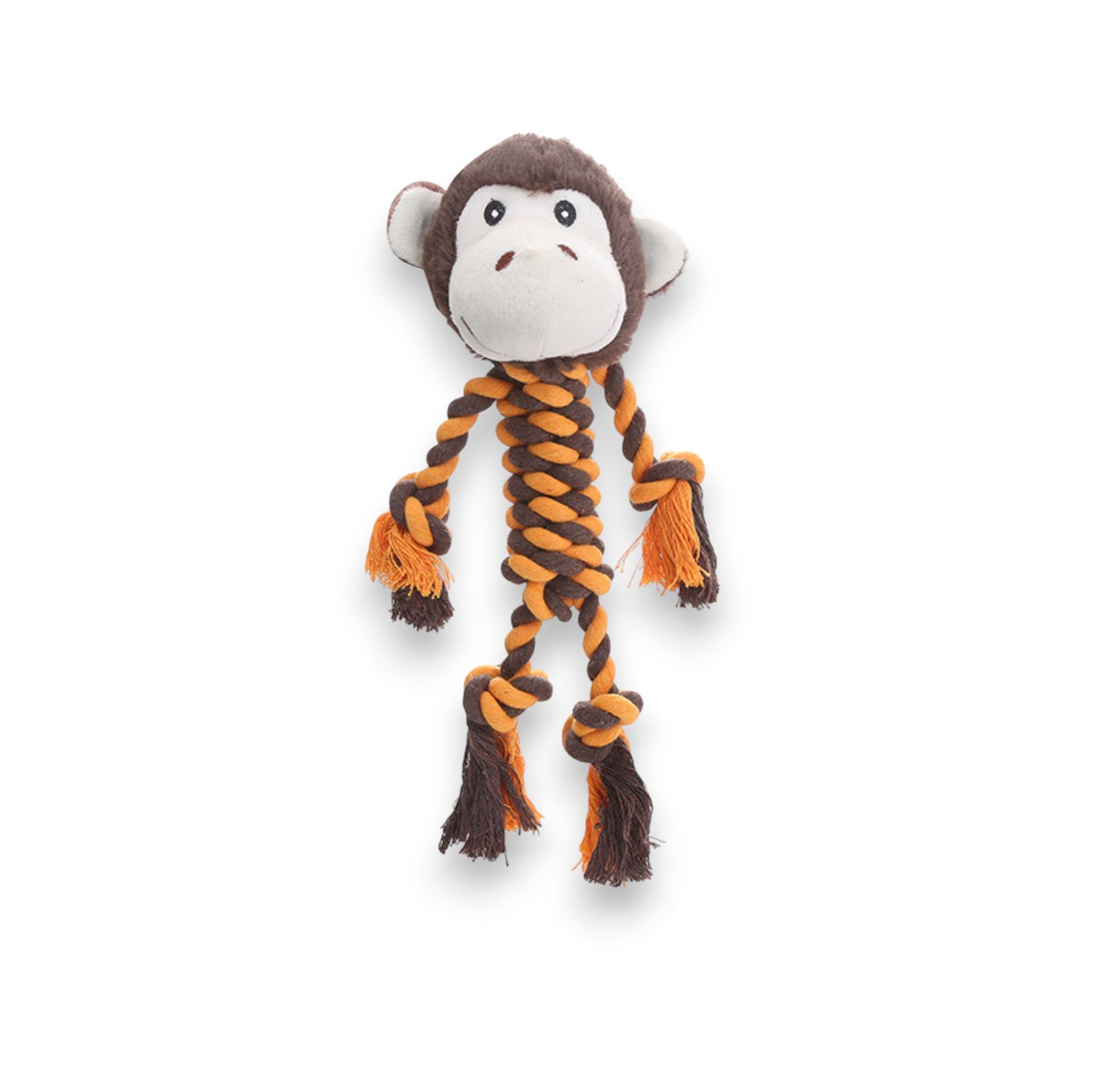 Plush monkey head dog toy with braided orange and dark brown rope body and limbs, for chewing.